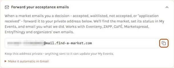 The Forward your acceptance emails card with the copy button outlined; the address is blurred