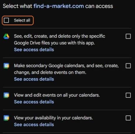 Google's permission screen listing four permissions, with Select all outlined