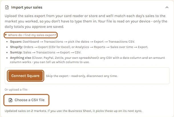 The Import your sales card with Where do I find my sales export, Connect Square and Choose a CSV file outlined
