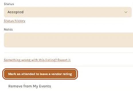 An expanded My Events card with Mark as attended to leave a vendor rating outlined
