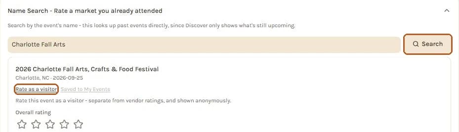 Name Search on Market Ratings with the Search button and Rate as a visitor outlined